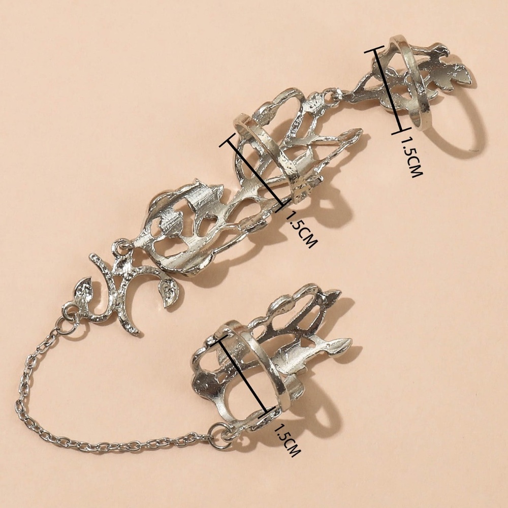 Silver Floral Chain Link Double Finger Ring / Rings Set - Picture 5 of 9